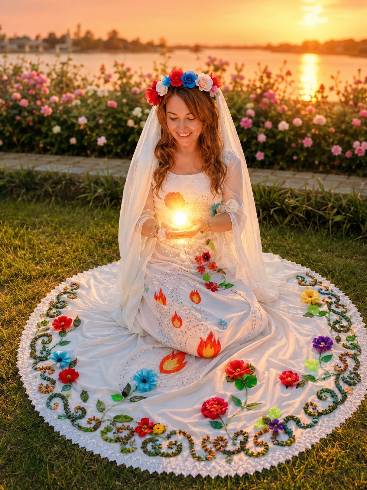 Mujer en ceremonia con corona de flores sosteniendo una vela
